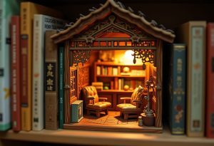Diorama miniature de book nook entre des livres colorés