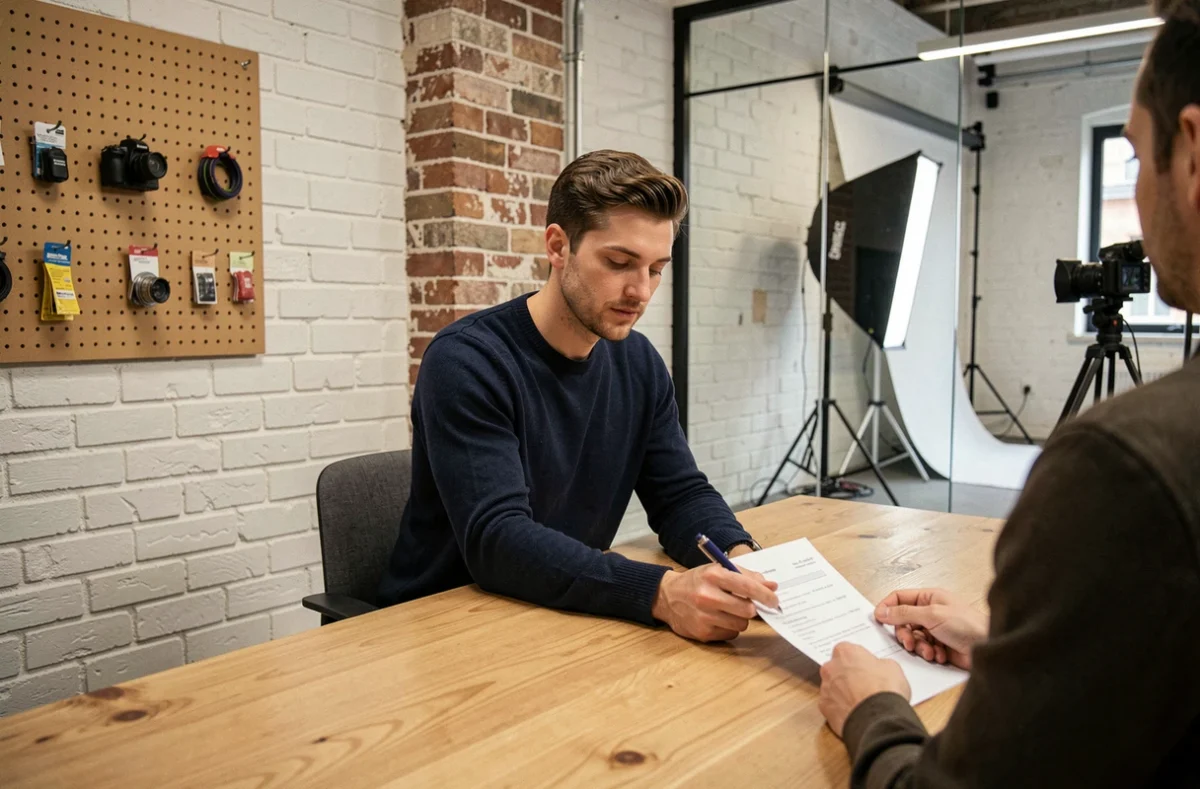 Accueil d'un studio de location photo à Marseille avec gestionnaire de studio et contrat de location sur bureau en bois