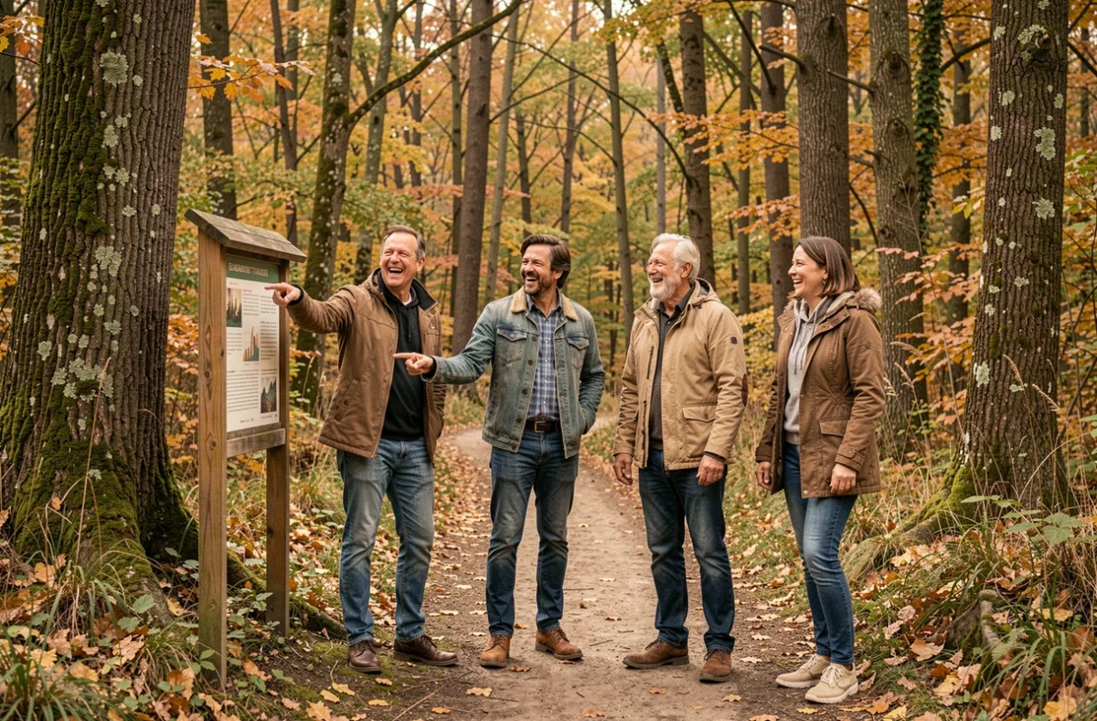 Groupe d'adultes explorant un sentier nature gratuit en Seine-et-Marne lors d'une sortie en famille