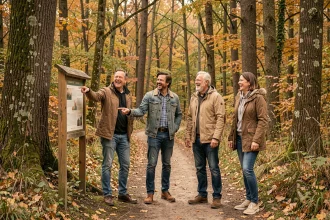 Groupe d'adultes explorant un sentier nature gratuit en Seine-et-Marne lors d'une sortie en famille