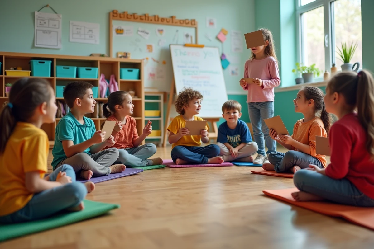 Groupe d'enfants réalisant une activité théâtrale et de narration collective dans une salle de centre de loisirs