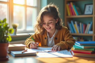 Adolescent souriant étudiant en mathématiques à un bureau lumineux