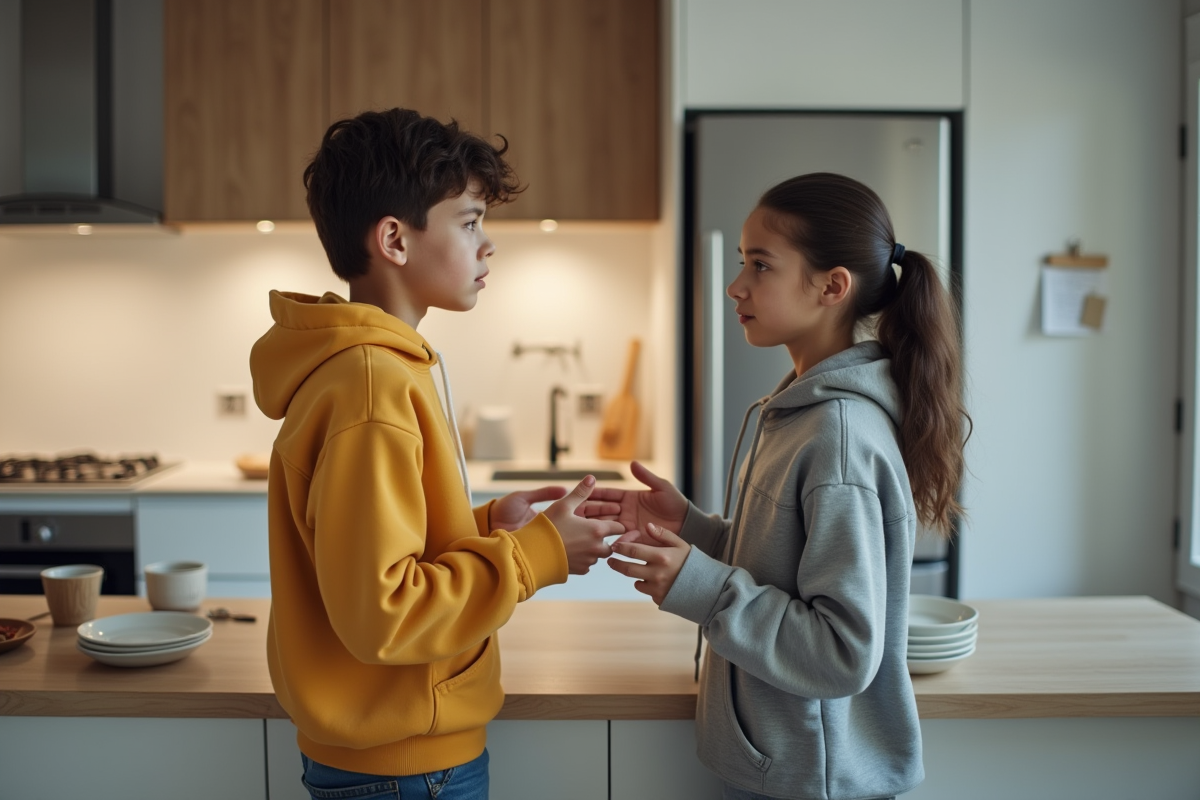 Adolescent et adolescente discutant dans la cuisine moderne