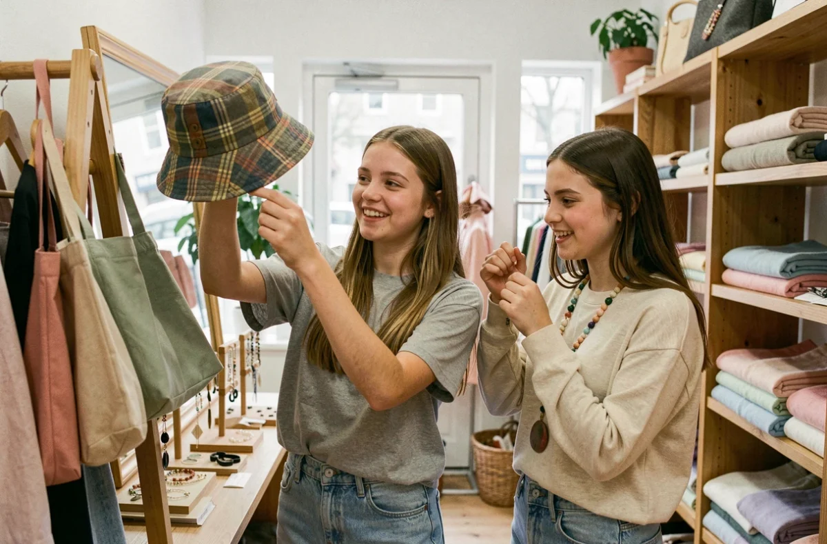 Deux adolescentes essayant des accessoires de mode dans une boutique tendance