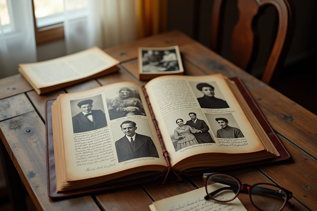 Album de famille ancien ouvert sur une table en bois avec des photographies vintage et des inscriptions en français et en farsi, illustrant les origines et l'histoire familiale de Darius Rochebin