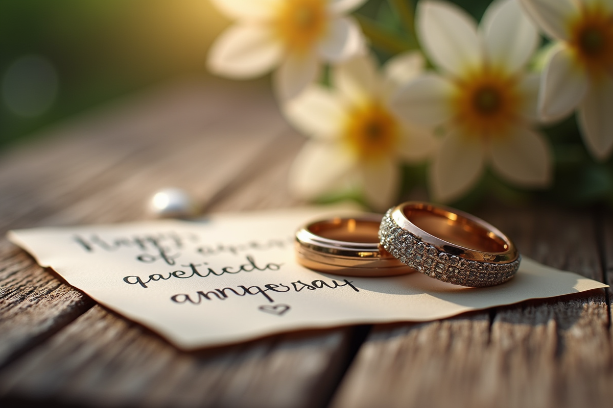 Alliances sur une table en bois avec carte d anniversaire