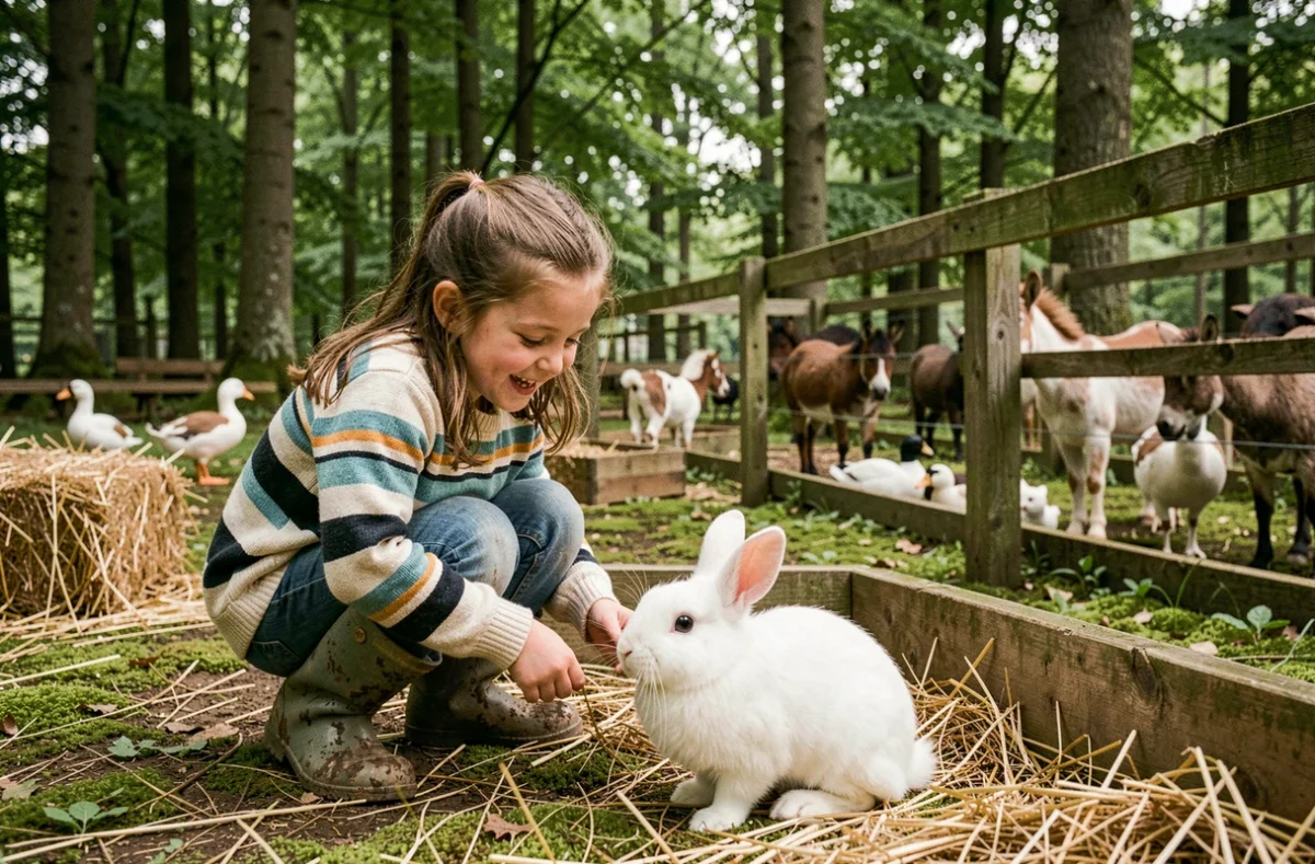 Petite fille accroupie qui caresse un lapin blanc dans un enclos en bois entouré d'arbres à la ferme pédagogique Les Animaux des Petits Bois à Sagy