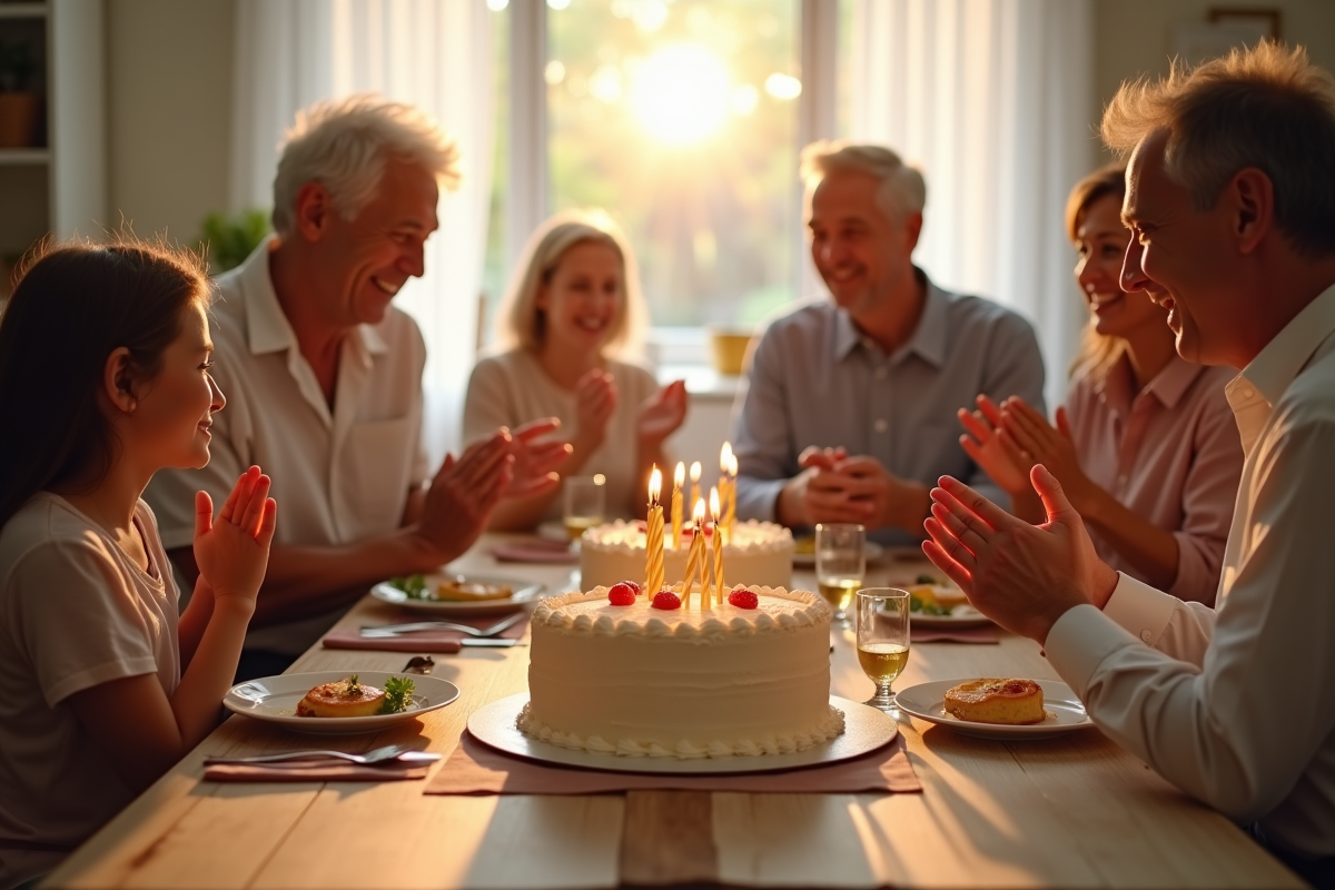 Famille célébrant anniversaire avec gâteau dans la salle