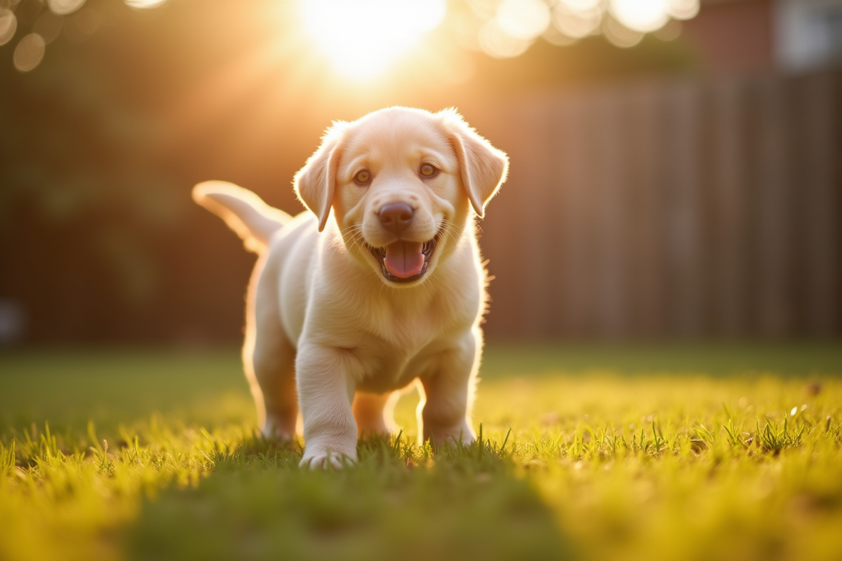 Labrador apprenant commandes avec un enfant dans le jardin