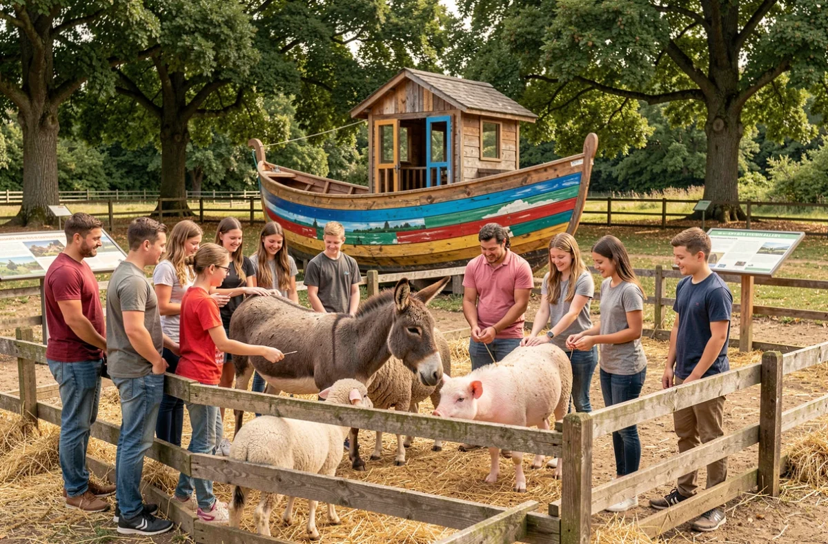 Groupe de visiteurs joyeux caressant un âne, des moutons et un cochon miniature dans les enclos colorés de l'Arche de Billy avec la structure en forme d'arche en bois au centre