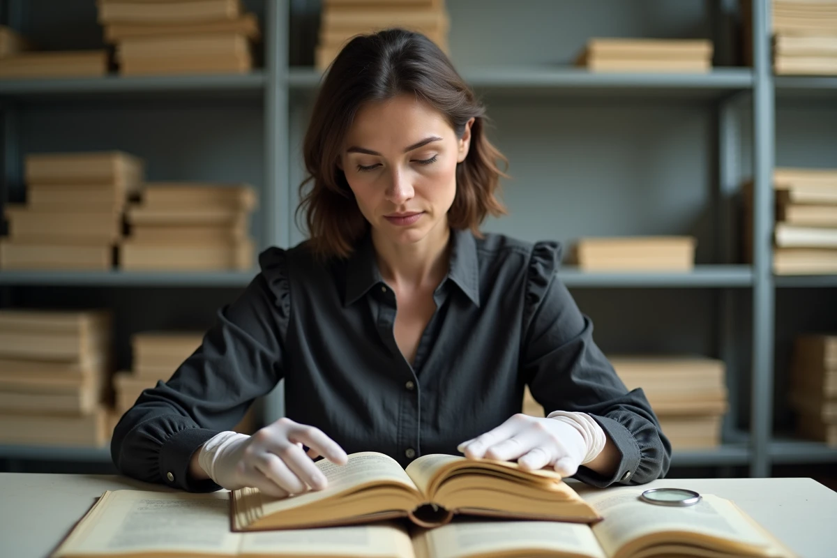 Archiviste avec gants de conservation manipulant des correspondances habsburgeoises du XIXe siècle dans une salle de recherche d'archives