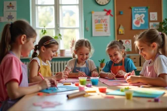 Enfants participant à un atelier créatif dans un centre de loisirs avec des activités artistiques pédagogiques
