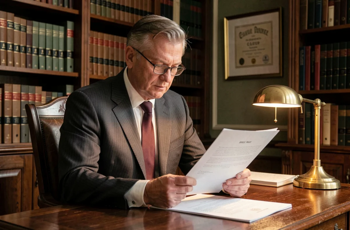 Avocat ou notaire français examinant un dossier de divorce dans un bureau traditionnel, représentant le cadre juridique des séparations en France