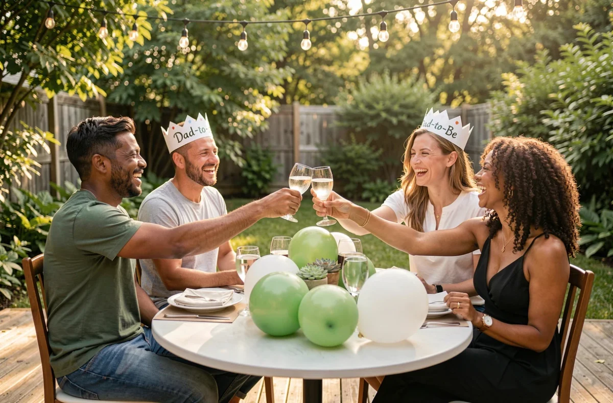 Groupe d'amis portant un toast pour fêter un futur papa lors d'une baby shower en plein air sur une terrasse décorée