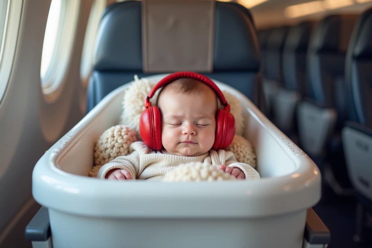 Bébé endormi avec casque anti-bruit rouge dans un berceau de cabine d'avion