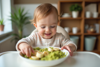 Bebe souriant dans une chaise haute avec bol de fruits