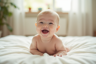 Bébé souriant allongé sur un linge blanc naturel
