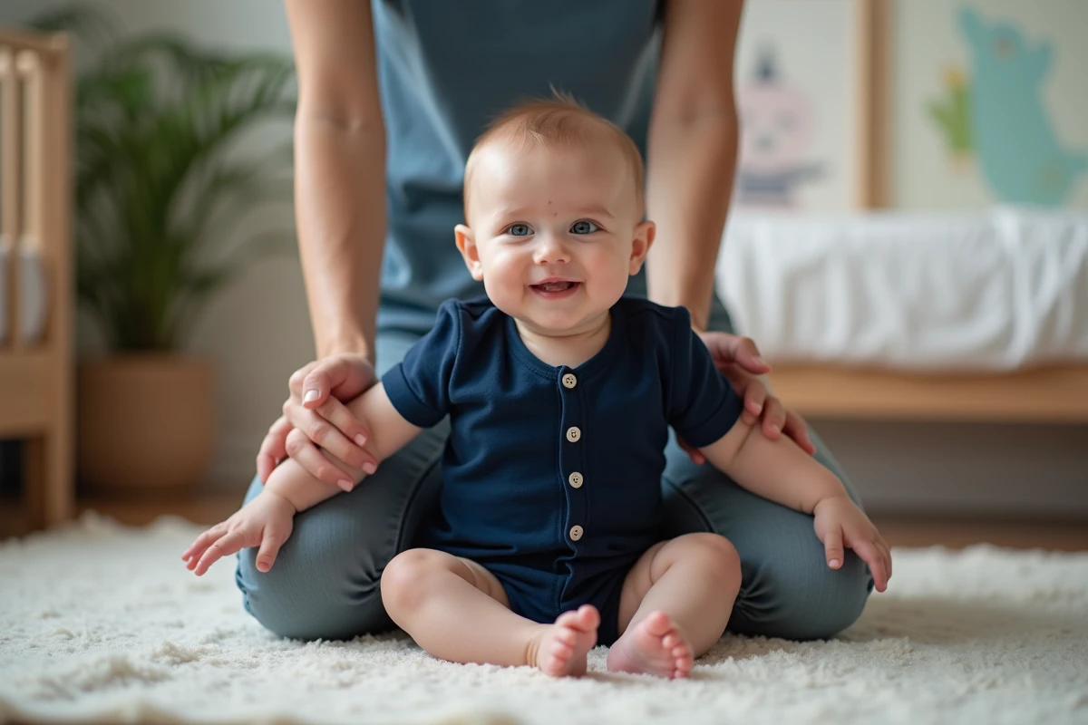 Bebe garcon en navy dans une nurserie cosy