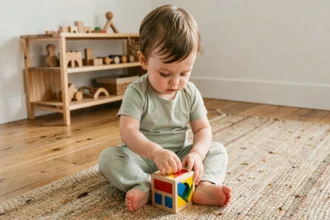 Bébé de 15 mois concentré sur un cube en bois Montessori à encastrement de formes posé sur un tapis en laine naturelle