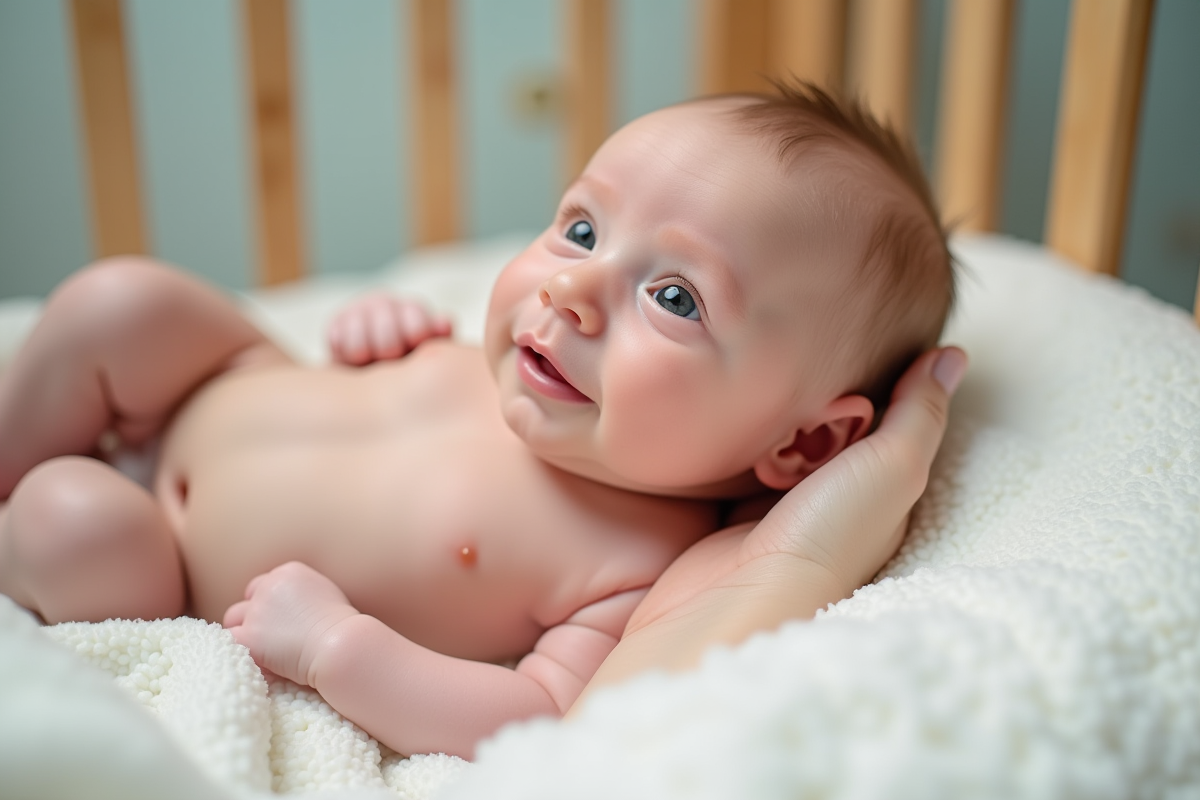 Bébé nouveau-né sur une couverture blanche dans une nurserie