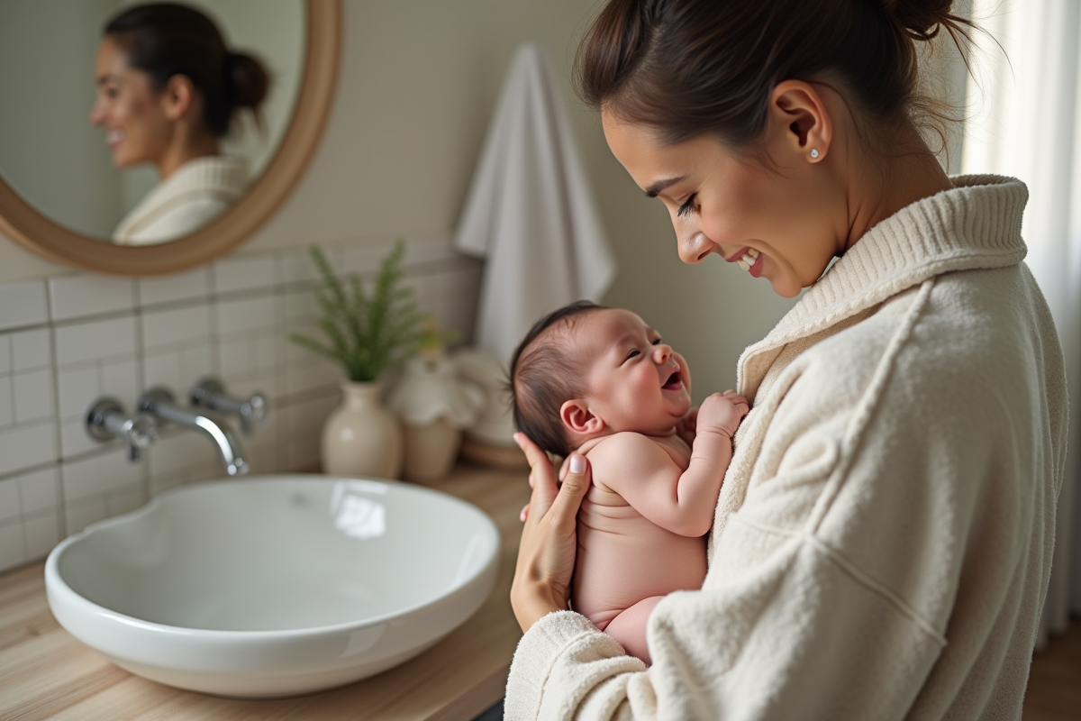 Bébé nouveau-né dans les bras de sa mère dans la salle de bain