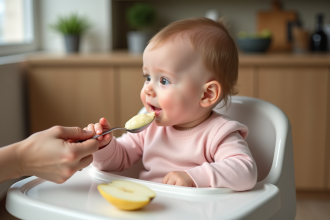 Bebe fille en rose goûtant une purée de poire dans une cuisine chaleureuse
