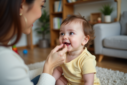 Bebe fille souriante avec son premier dent en gros plan