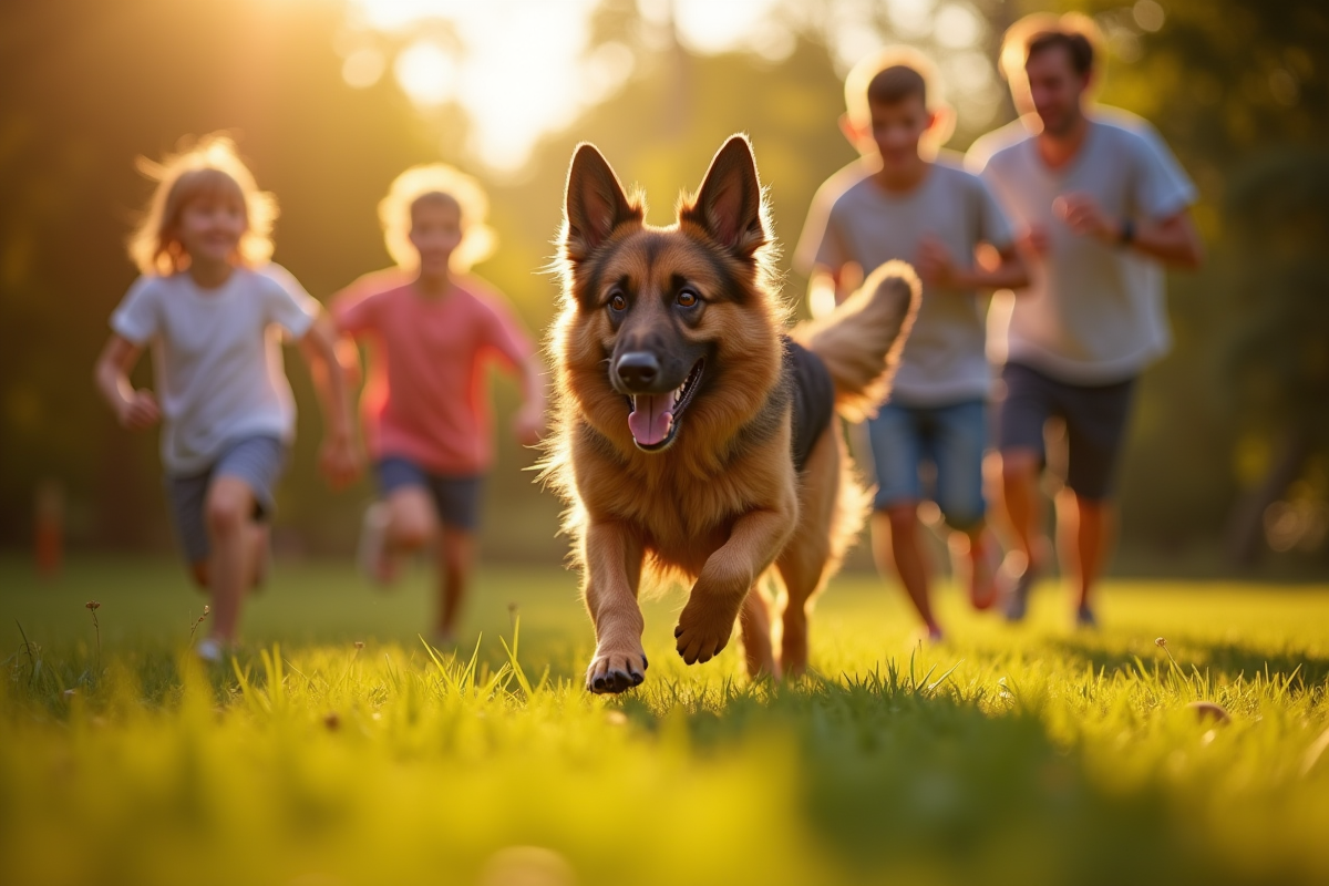 Chien berger à longue poil jouant avec enfants dans le jardin