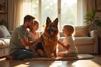 Chien berger à longue poil dans un salon ensoleille avec famille