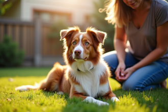 Chien berger australien rouge assis attentivement dans le jardin