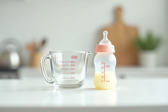 Biberon pour bébé sur plan de travail blanc lumineux