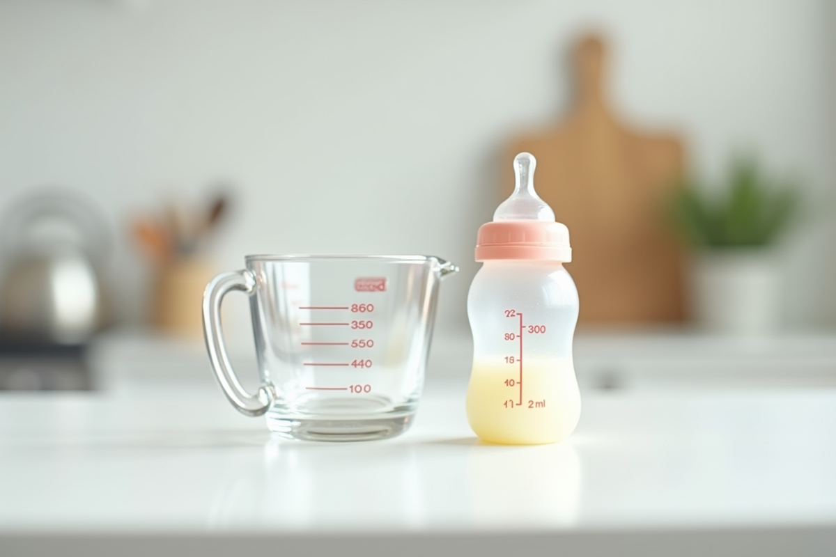 Biberon pour bébé sur plan de travail blanc lumineux