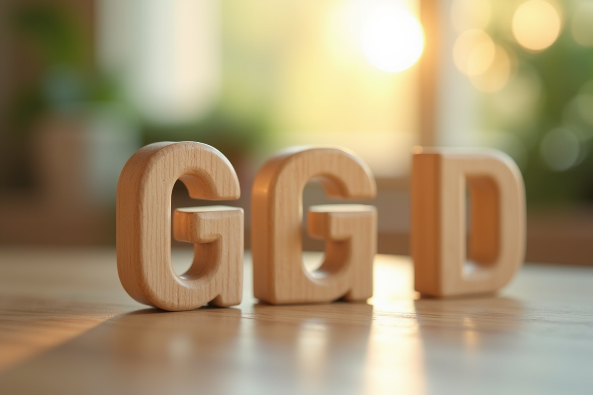 Blocs alphabet avec la lettre G en focus dans une scène lumineuse