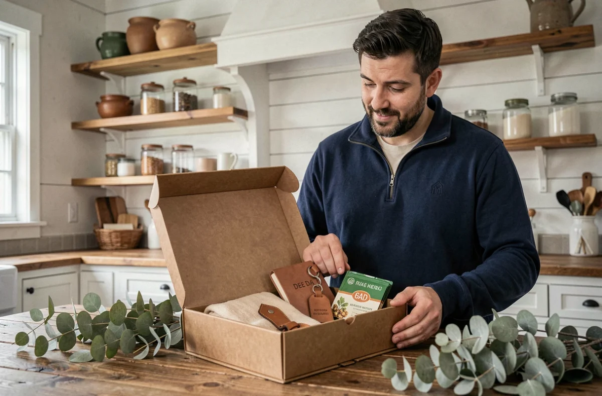 Futur papa barbu découvrant une boîte cadeau personnalisée pour baby shower sur une table en bois dans une cuisine rustique