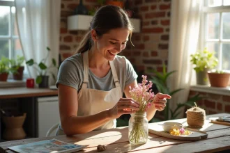 Femme fabriquant un vase décoratif avec un bocal en verre recyclé et des fleurs séchées pour la fête des mères