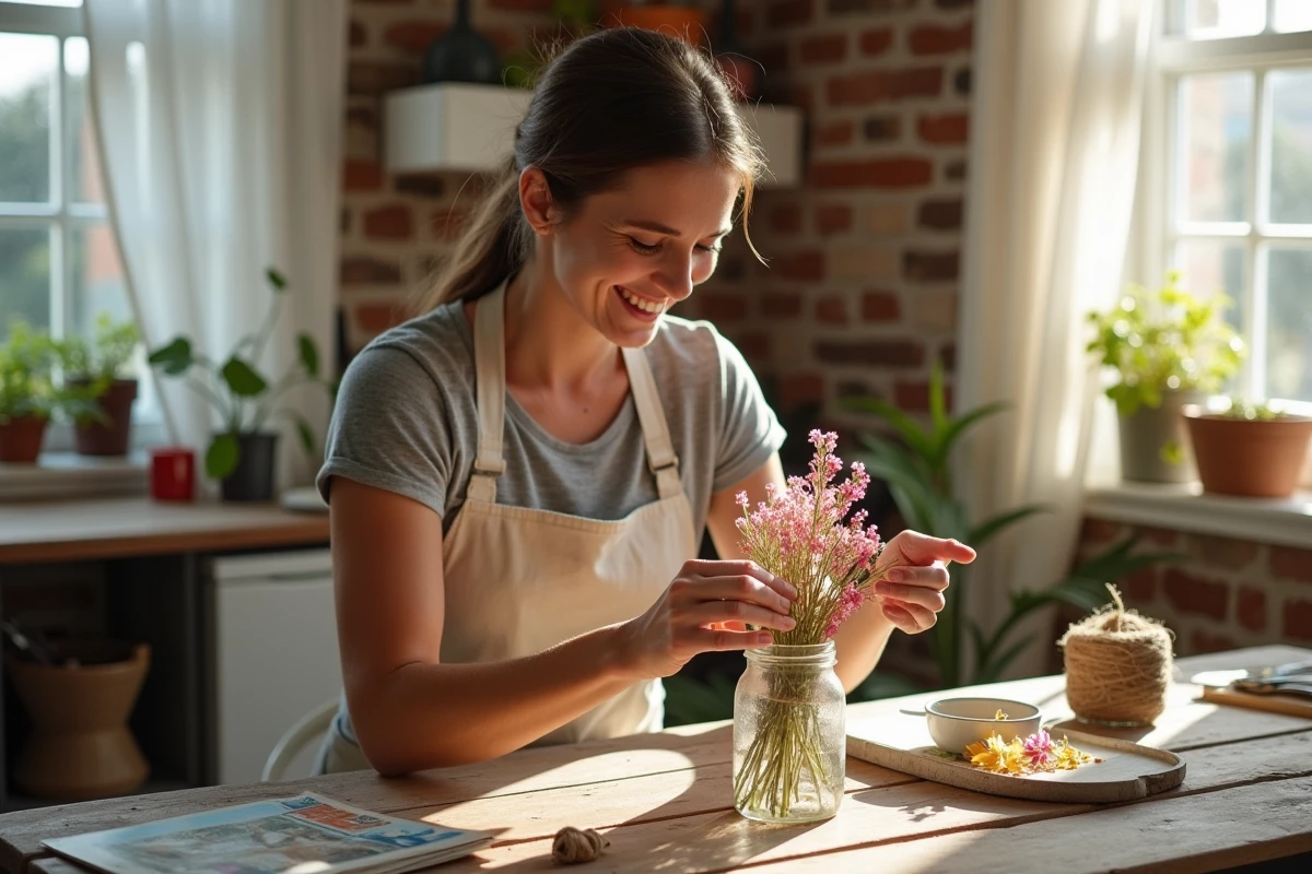 Femme fabriquant un vase décoratif avec un bocal en verre recyclé et des fleurs séchées pour la fête des mères