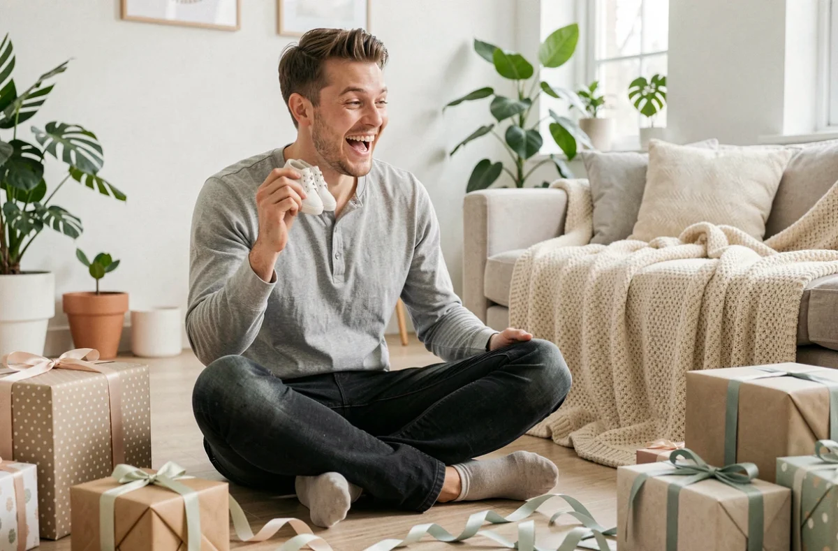 Futur papa surpris et souriant lors d'une baby shower, entouré de cadeaux de naissance originaux dans un salon scandinave