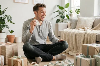 Futur papa surpris et souriant lors d'une baby shower, entouré de cadeaux de naissance originaux dans un salon scandinave