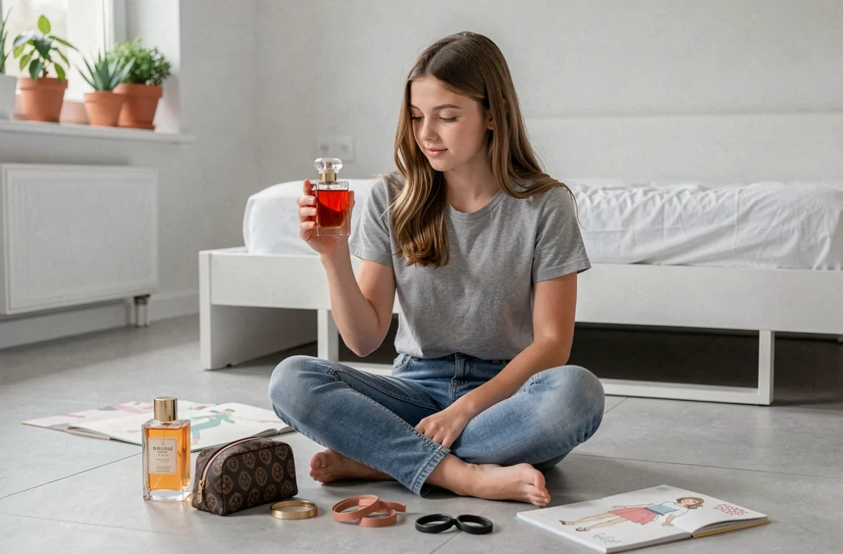 Adolescente assise sur le sol entourée de cadeaux beauté mode et accessoires tendance