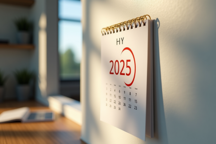 Calendrier de juillet 2025 avec main entourant la date 1