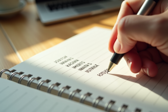 Carnet ouvert avec une écriture de noms G sur un bureau lumineux
