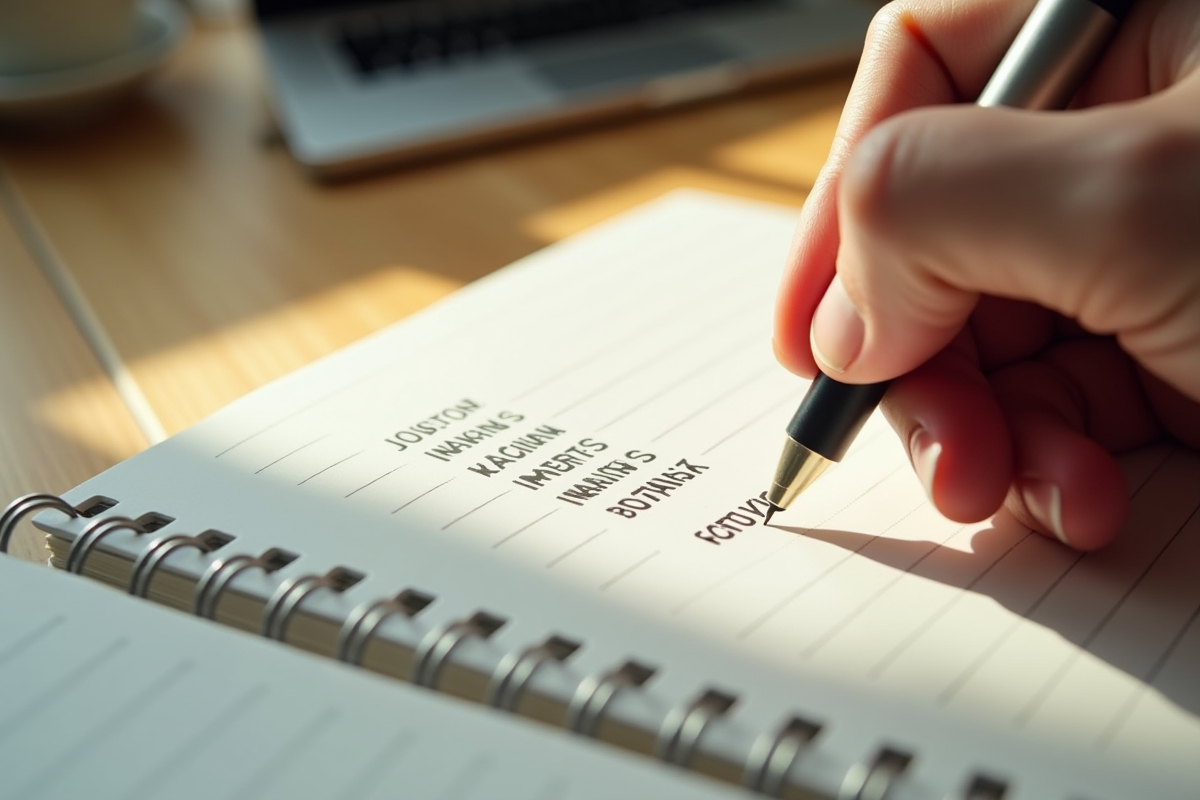 Carnet ouvert avec une écriture de noms G sur un bureau lumineux