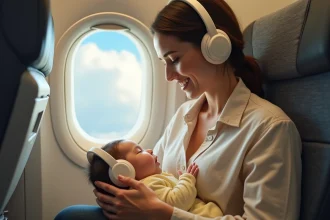 Maman installant un casque anti-bruit sur son bébé dans un avion avec vue sur le hublot