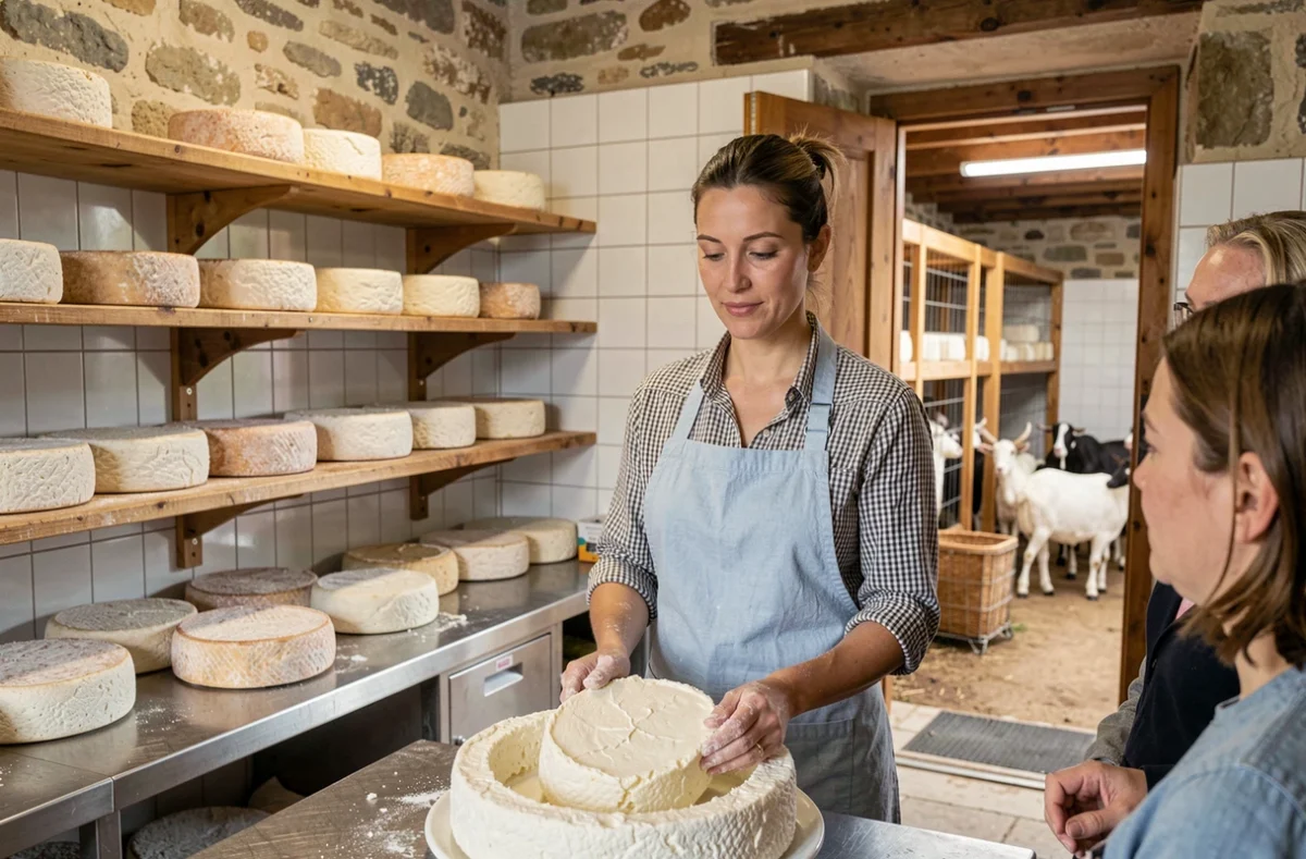 Fromagère présentant la fabrication du fromage de chèvre dans la salle d'affinage de la Chevrerie la Trufière à Chissey-lès-Mâcon devant des visiteurs attentifs