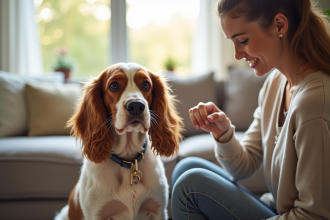 Cocker spaniel anglais assis avec une jeune femme souriante