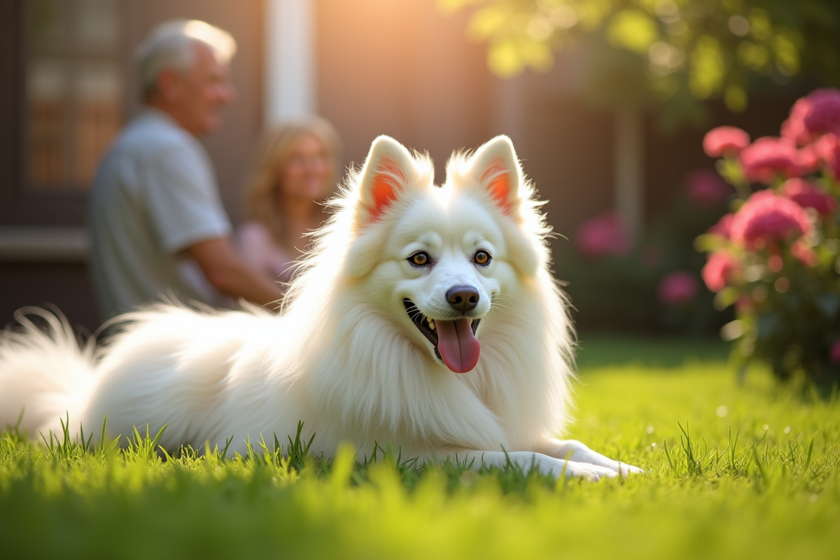Chien japonais Spitz dans un jardin ensoleille avec famille