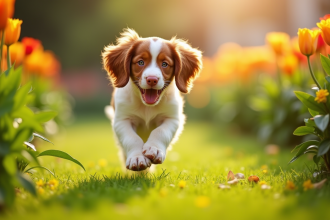 Chiot Brittany Spaniel courant dans un jardin ensoleille