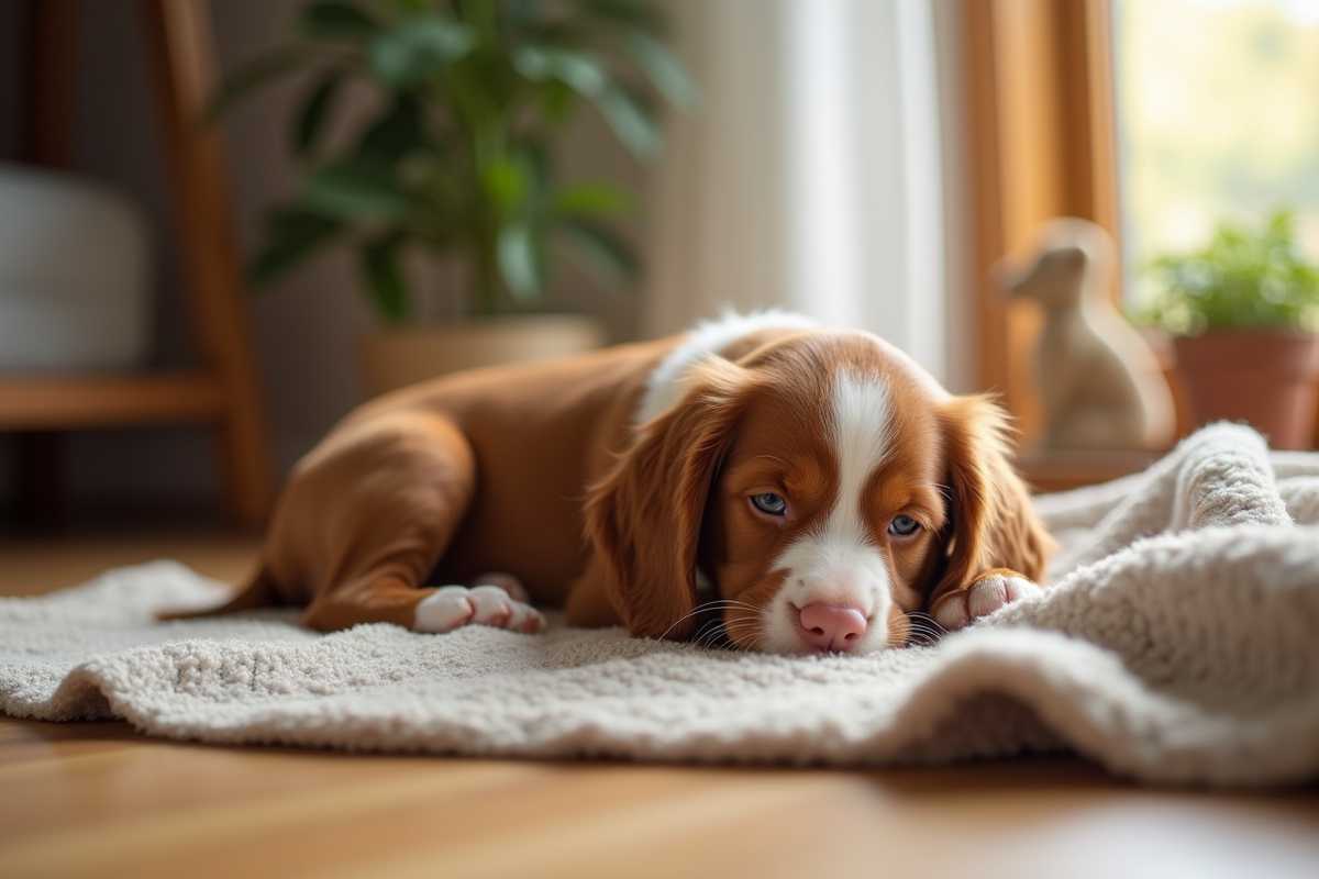 Chiot Brittany Spaniel reposant dans un salon cosy