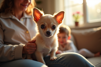 Chihuahua à poil court sur les genoux en salon lumineux