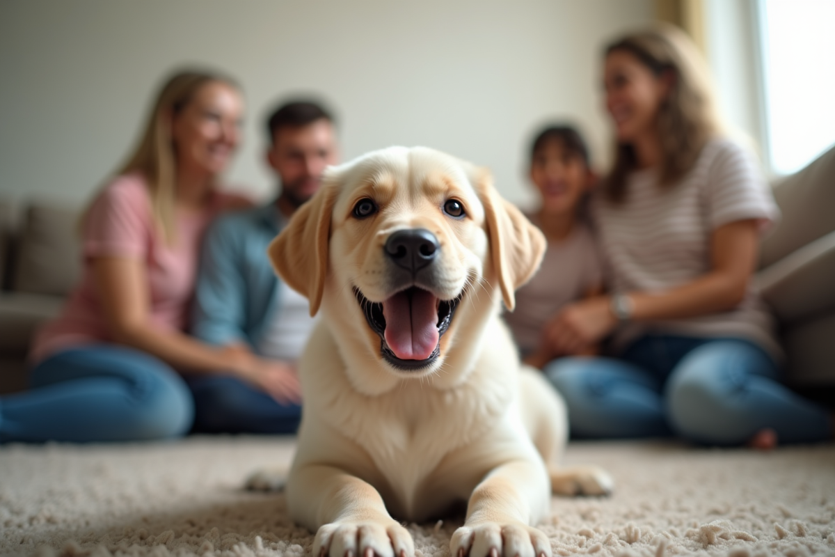 Chiot labrador joyeux avec famille dans le salon